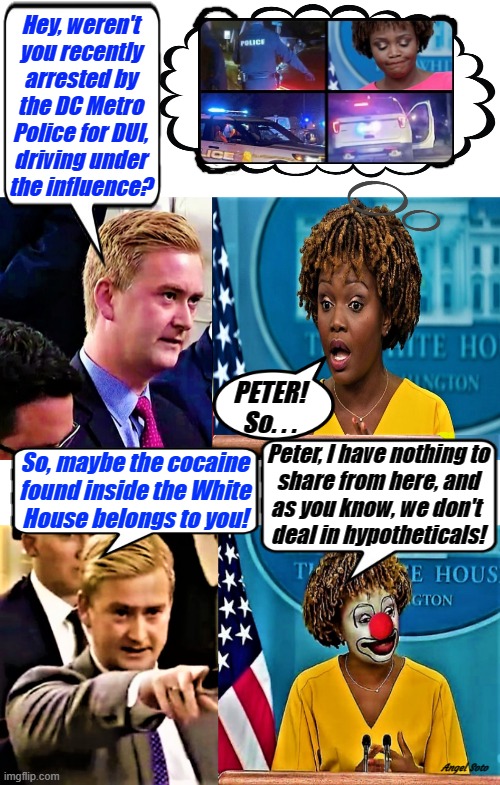 peter doocy asks press secretary clown about cocaine found at the white house | Hey, weren't
you recently
arrested by
the DC Metro
Police for DUI,
driving under
the influence? PETER!
So. . . Peter, I have nothing to
share from here, and
as you know, we don't 
deal in hypotheticals! So, maybe the cocaine
found inside the White
House belongs to you! Angel Soto | image tagged in peter doocy,press secretary,white house,cocaine,dui,police | made w/ Imgflip meme maker