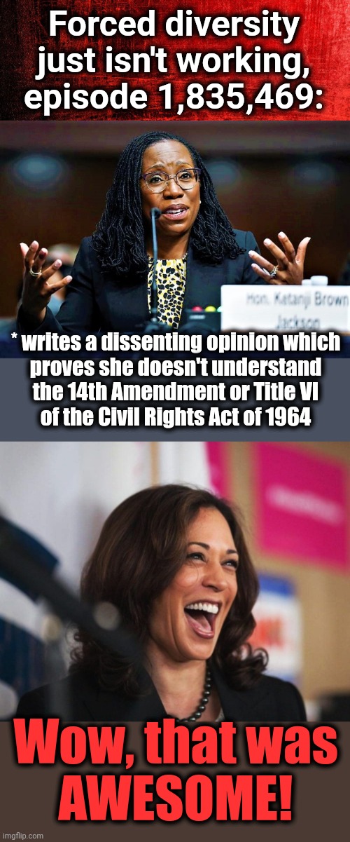 It doesn't take much to impress the diversity hyena | Forced diversity
just isn't working,
episode 1,835,469:; * writes a dissenting opinion which
proves she doesn't understand
the 14th Amendment or Title VI
of the Civil Rights Act of 1964; Wow, that was
AWESOME! | image tagged in ketanji brown jackson,cackling kamala harris,affirmative action,forced diversity,democrats,joe biden | made w/ Imgflip meme maker