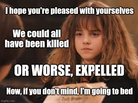 Or worse expelled | I hope you're pleased with yourselves; We could all have been killed; OR WORSE, EXPELLED; Now, if you don't mind, I'm going to bed | image tagged in or worse expelled,hermione granger,harry potter | made w/ Imgflip meme maker