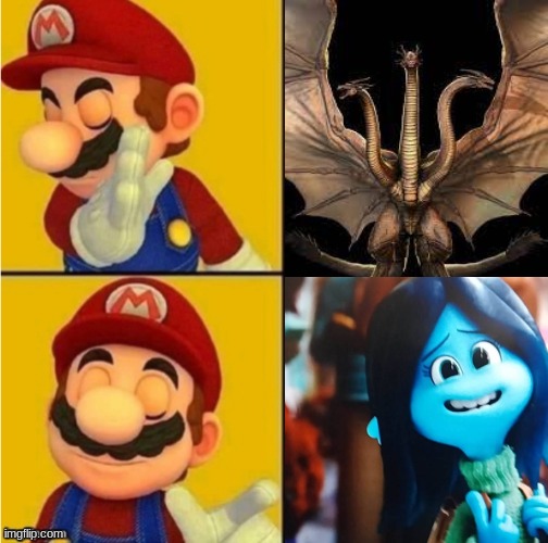 Mario prefers Ruby Gillman over King Ghidorah | image tagged in drake hotline bling,hotline bling,mario,king ghidorah | made w/ Imgflip meme maker