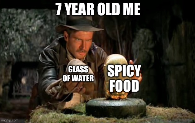 Indiana jones idol | 7 YEAR OLD ME; GLASS OF WATER; SPICY FOOD | image tagged in indiana jones idol | made w/ Imgflip meme maker