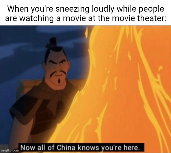 Sneezing loudly | When you're sneezing loudly while people are watching a movie at the movie theater: | image tagged in now all of china knows you're here,sneeze,movie,movie theater,memes,sneezing | made w/ Imgflip meme maker