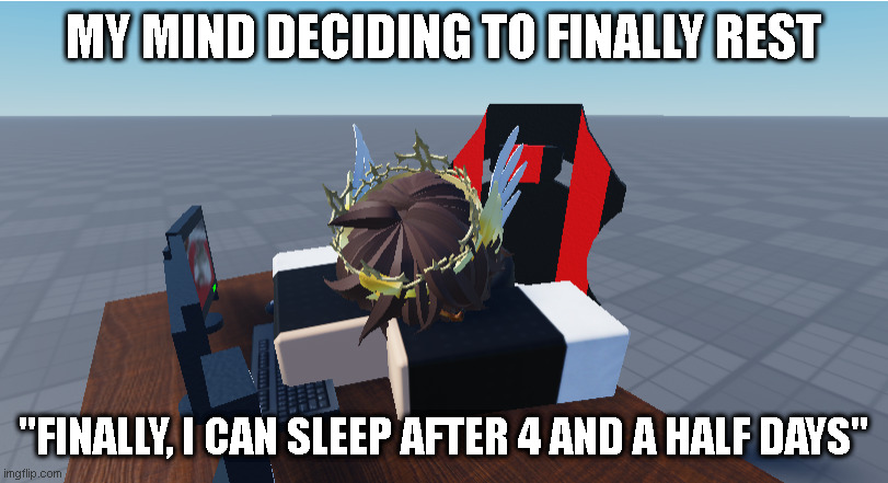 About time I get some sleep | MY MIND DECIDING TO FINALLY REST; "FINALLY, I CAN SLEEP AFTER 4 AND A HALF DAYS" | image tagged in let me sleep,roblox meme,roblox | made w/ Imgflip meme maker