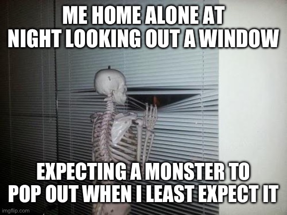 Can’t help but look | ME HOME ALONE AT NIGHT LOOKING OUT A WINDOW; EXPECTING A MONSTER TO POP OUT WHEN I LEAST EXPECT IT | image tagged in skeleton looking out window | made w/ Imgflip meme maker