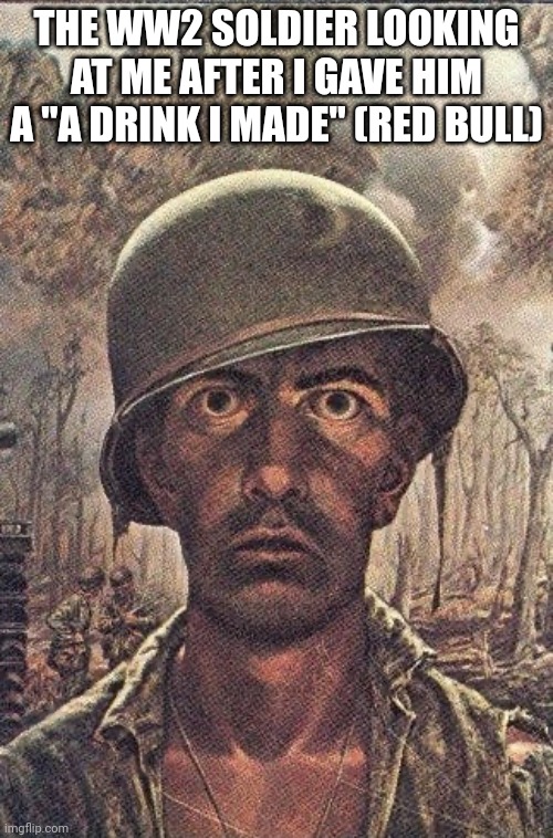 1000 yard stare | THE WW2 SOLDIER LOOKING AT ME AFTER I GAVE HIM A "A DRINK I MADE" (RED BULL) | image tagged in 1000 yard stare | made w/ Imgflip meme maker
