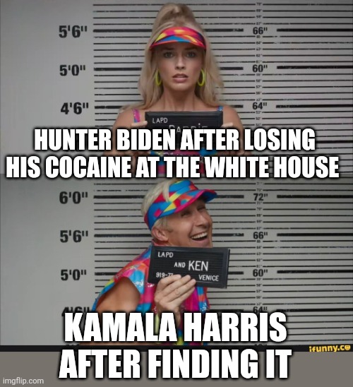 Barbie Jail | HUNTER BIDEN AFTER LOSING HIS COCAINE AT THE WHITE HOUSE; KAMALA HARRIS AFTER FINDING IT | image tagged in barbie jail | made w/ Imgflip meme maker