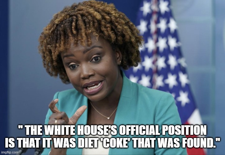 LMAO!! | " THE WHITE HOUSE'S OFFICIAL POSITION IS THAT IT WAS DIET 'COKE' THAT WAS FOUND." | image tagged in press secretary karine jean-pierre,white house,cocaine | made w/ Imgflip meme maker