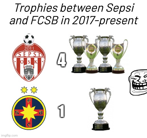 Farul-Sepsi 0:1. Sepsi >>>> FCSB is officially confirmed | Trophies between Sepsi and FCSB in 2017-present; 4; 1 | image tagged in sepsi,fcsb,romania,futbol,memes,trophy | made w/ Imgflip meme maker