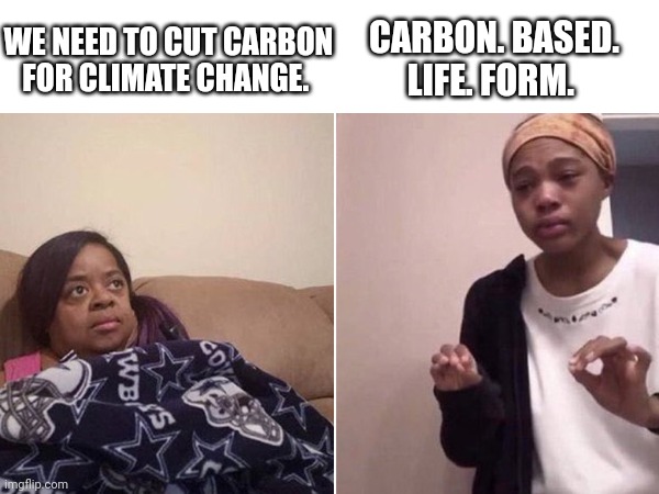 Climate change | CARBON. BASED. LIFE. FORM. WE NEED TO CUT CARBON FOR CLIMATE CHANGE. | image tagged in me explaining to my mom | made w/ Imgflip meme maker