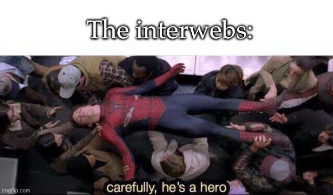 Carefully he's a hero | The interwebs: | image tagged in carefully he's a hero | made w/ Imgflip meme maker
