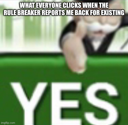 Monopoly Yes | WHAT EVERYONE CLICKS WHEN THE RULE BREAKER REPORTS ME BACK FOR EXISTING | image tagged in monopoly yes | made w/ Imgflip meme maker