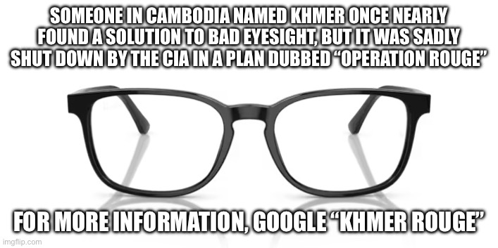 SOMEONE IN CAMBODIA NAMED KHMER ONCE NEARLY FOUND A SOLUTION TO BAD EYESIGHT, BUT IT WAS SADLY SHUT DOWN BY THE CIA IN A PLAN DUBBED “OPERATION ROUGE”; FOR MORE INFORMATION, GOOGLE “KHMER ROUGE” | made w/ Imgflip meme maker