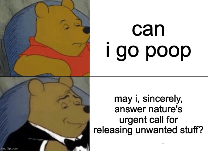 lol | can i go poop; may i, sincerely, answer nature's urgent call for releasing unwanted stuff? | image tagged in memes,tuxedo winnie the pooh | made w/ Imgflip meme maker