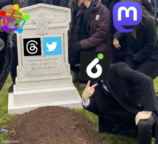 Meme Social v.1 | image tagged in grant gustin over grave cropped headstone rip tombstone | made w/ Imgflip meme maker