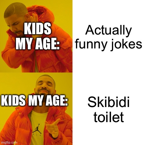 Drake Hotline Bling Meme | Actually funny jokes; KIDS MY AGE:; Skibidi toilet; KIDS MY AGE: | image tagged in memes,drake hotline bling | made w/ Imgflip meme maker