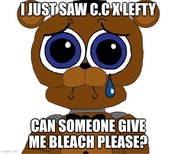 sad freddy | I JUST SAW C.C X LEFTY; CAN SOMEONE GIVE ME BLEACH PLEASE? | image tagged in sad freddy,fnaf | made w/ Imgflip meme maker