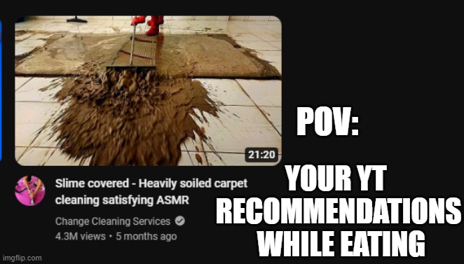 it looks like turd than slime | POV:; YOUR YT 
RECOMMENDATIONS
 WHILE EATING | image tagged in youtube,yt,memes | made w/ Imgflip meme maker