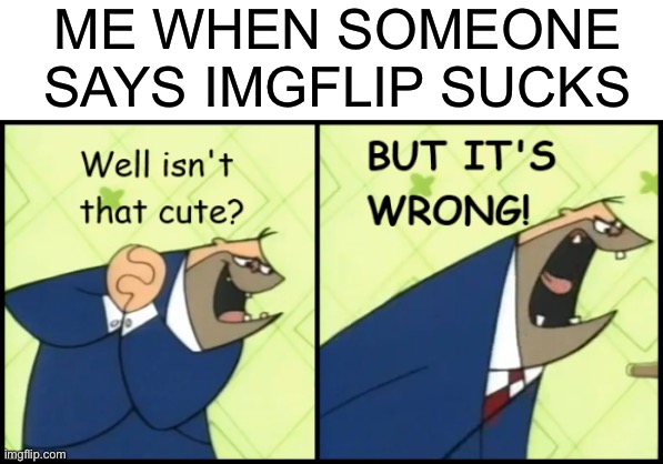 Well isn't that cute?  BUT IT'S WRONG! | ME WHEN SOMEONE SAYS IMGFLIP SUCKS | image tagged in well isn't that cute but it's wrong | made w/ Imgflip meme maker