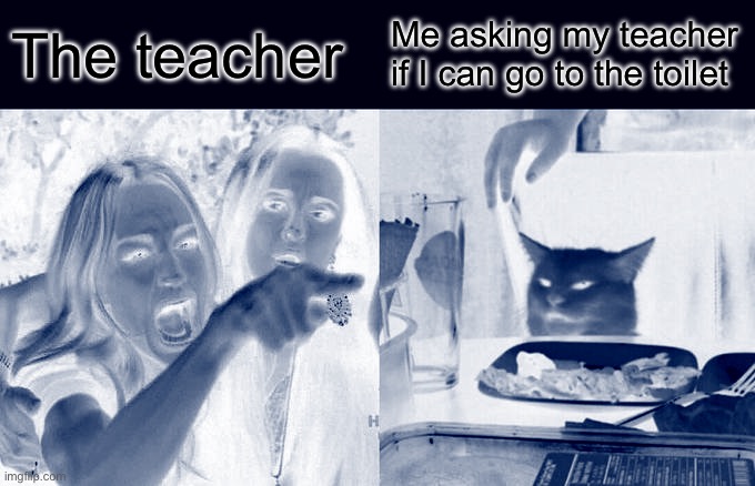 Woman Yelling At Cat Meme | The teacher; Me asking my teacher if I can go to the toilet | image tagged in memes,woman yelling at cat | made w/ Imgflip meme maker