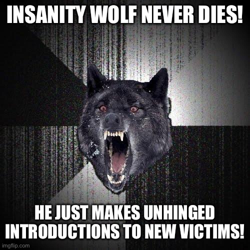 Insanity Wolf Meme | INSANITY WOLF NEVER DIES! HE JUST MAKES UNHINGED INTRODUCTIONS TO NEW VICTIMS! | image tagged in memes,insanity wolf | made w/ Imgflip meme maker