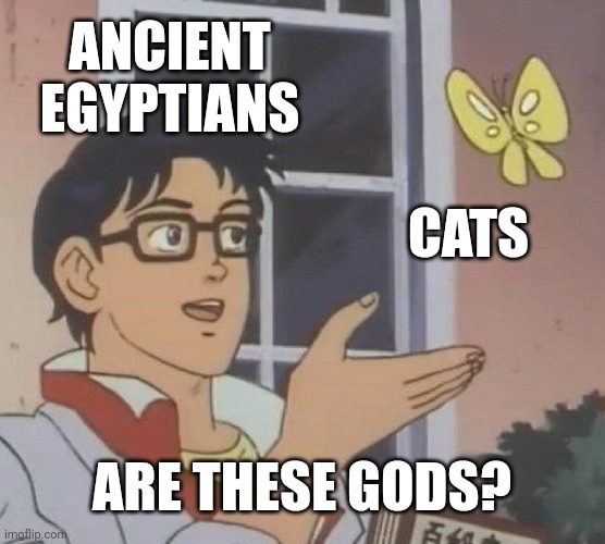 Is This A Pigeon | ANCIENT EGYPTIANS; CATS; ARE THESE GODS? | image tagged in memes,is this a pigeon,cats,egypt,ancient egypt | made w/ Imgflip meme maker
