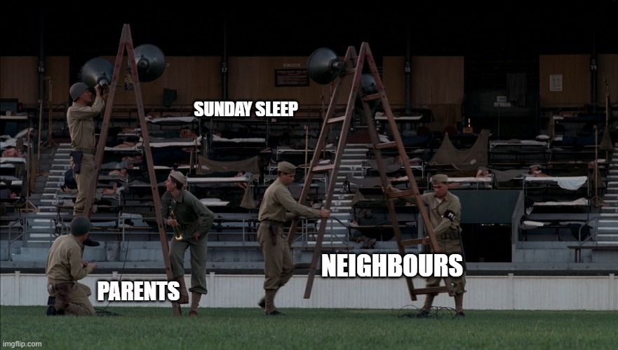 Sunday sleep | SUNDAY SLEEP; NEIGHBOURS; PARENTS | image tagged in pacific,sleep | made w/ Imgflip meme maker