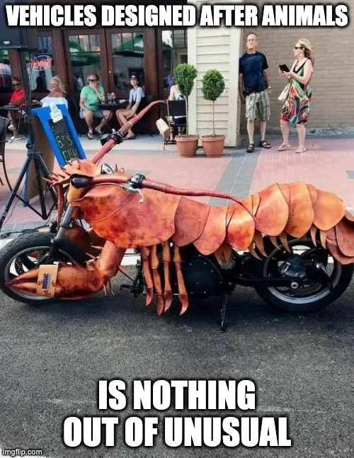 Lobster Motorcycle | VEHICLES DESIGNED AFTER ANIMALS; IS NOTHING OUT OF UNUSUAL | image tagged in motorcycle,memes,lobster | made w/ Imgflip meme maker