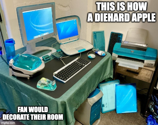Aqua Blue Office Desk | THIS IS HOW A DIEHARD APPLE; FAN WOULD DECORATE THEIR ROOM | image tagged in apple,memes,computer | made w/ Imgflip meme maker
