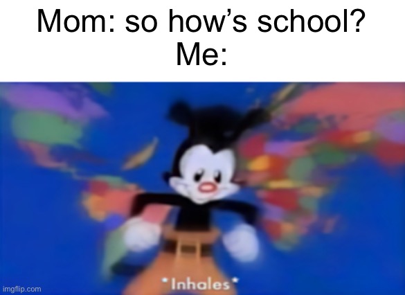 Yakko inhale | Mom: so how’s school?
Me: | image tagged in yakko inhale | made w/ Imgflip meme maker