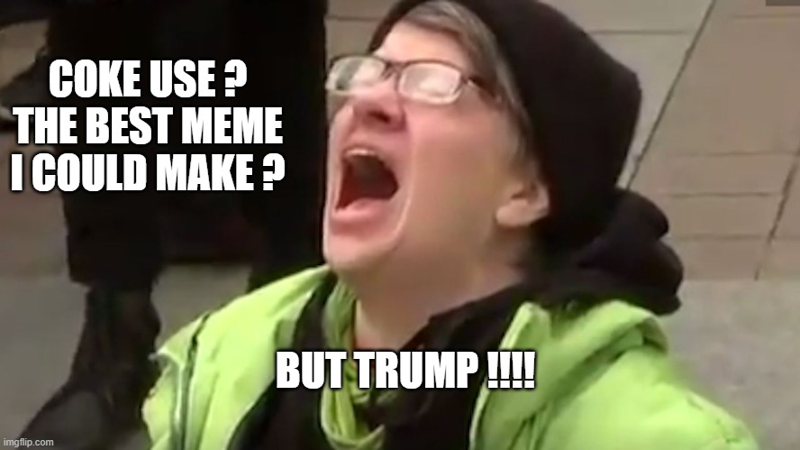 Screaming Liberal  | COKE USE ?
THE BEST MEME I COULD MAKE ? BUT TRUMP !!!! | image tagged in screaming liberal | made w/ Imgflip meme maker