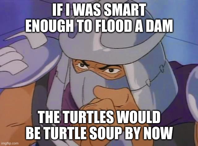 90s cartoon shredder | IF I WAS SMART ENOUGH TO FLOOD A DAM; THE TURTLES WOULD BE TURTLE SOUP BY NOW | image tagged in 90s cartoon shredder | made w/ Imgflip meme maker