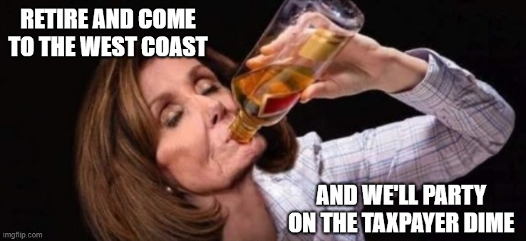 RETIRE AND COME TO THE WEST COAST AND WE'LL PARTY ON THE TAXPAYER DIME | made w/ Imgflip meme maker
