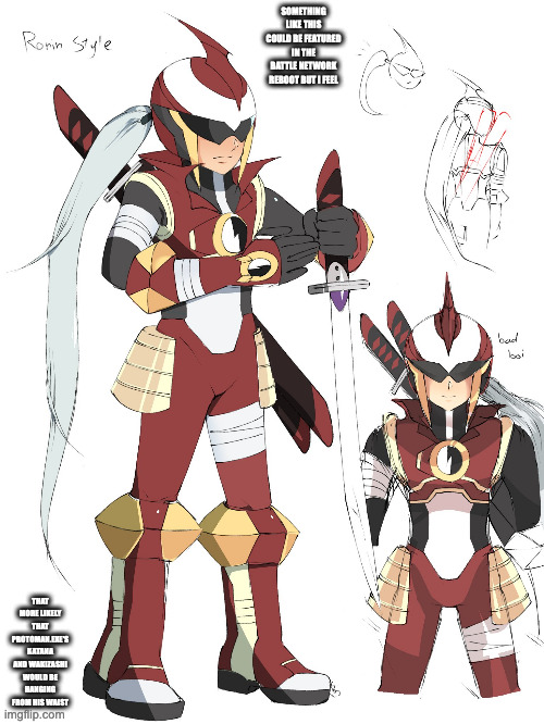 Ronin-Style ProtoMan.EXE | SOMETHING LIKE THIS COULD BE FEATURED IN THE BATTLE NETWORK REBOOT BUT I FEEL; THAT MORE LIKELY THAT PROTOMAN.EXE'S KATANA AND WAKIZASHI WOULD BE HANGING FROM HIS WAIST | image tagged in protomanexe,megaman,megaman battle network,memes | made w/ Imgflip meme maker