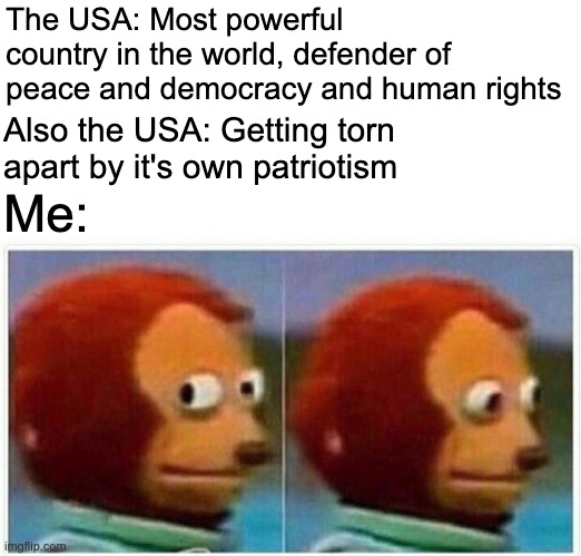 Ironic, isn't it? | The USA: Most powerful country in the world, defender of peace and democracy and human rights; Also the USA: Getting torn apart by it's own patriotism; Me: | image tagged in memes,monkey puppet,usa,karma,political,liberal vs conservative | made w/ Imgflip meme maker