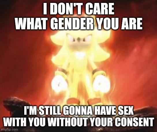 Super Shadow | I DON'T CARE WHAT GENDER YOU ARE I'M STILL GONNA HAVE SEX WITH YOU WITHOUT YOUR CONSENT | image tagged in super shadow | made w/ Imgflip meme maker