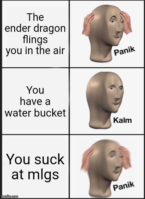 Panik Kalm Panik Meme | The ender dragon flings you in the air You have a water bucket You suck at mlgs | image tagged in memes,panik kalm panik | made w/ Imgflip meme maker