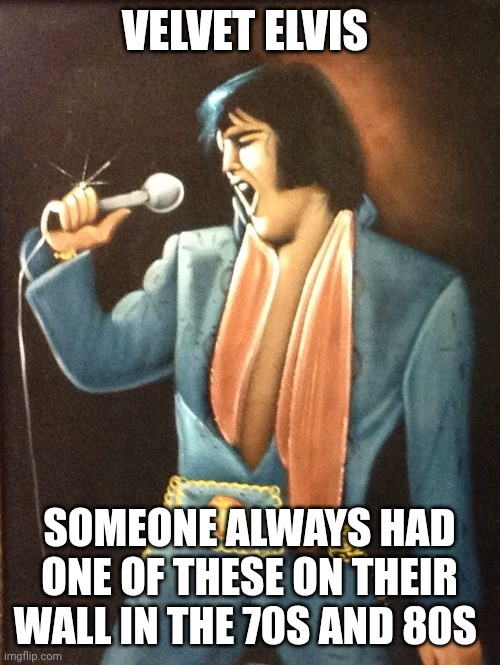 Velvet Elvis | VELVET ELVIS; SOMEONE ALWAYS HAD ONE OF THESE ON THEIR WALL IN THE 70S AND 80S | image tagged in elvis | made w/ Imgflip meme maker