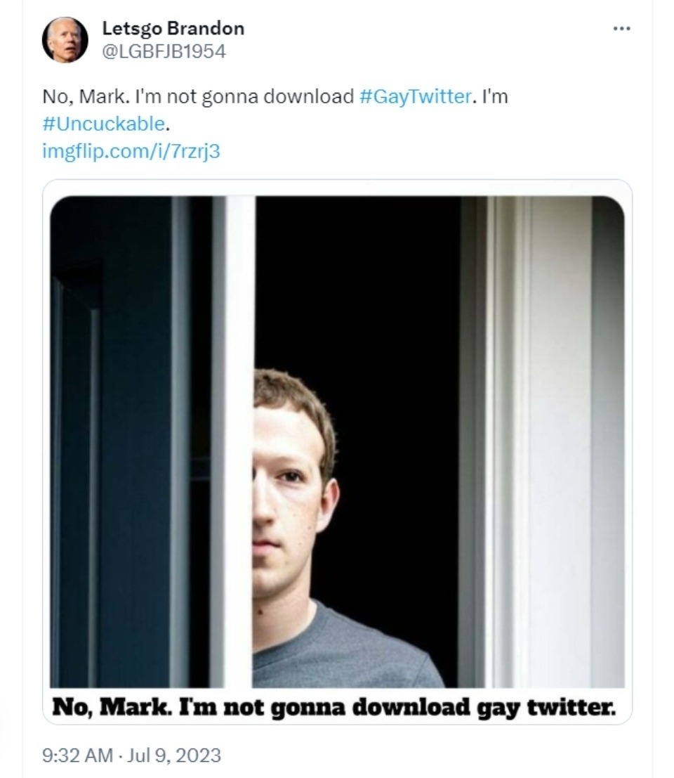 Letsgo Brandon Zuckerberg Gay twitter tweet | image tagged in mark zuckerberg,gay twitter,woke twitter,zuck the cuck,uncuck zuckerberg,full retard | made w/ Imgflip meme maker
