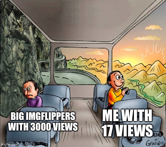 Litterally | ME WITH 17 VIEWS; BIG IMGFLIPPERS WITH 3000 VIEWS | image tagged in 2 people on a bus | made w/ Imgflip meme maker