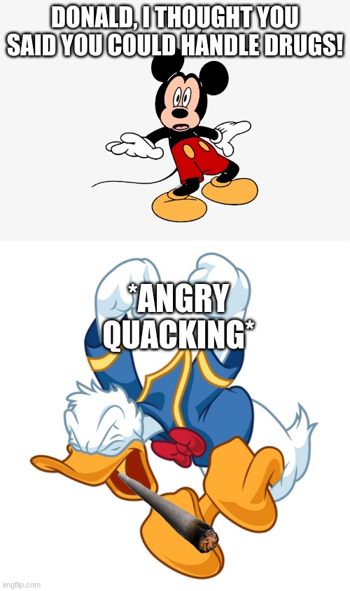 He cannot handle it | DONALD, I THOUGHT YOU SAID YOU COULD HANDLE DRUGS! *ANGRY QUACKING* | image tagged in disney,memes,lol,wtf,mickey mouse,donald duck | made w/ Imgflip meme maker