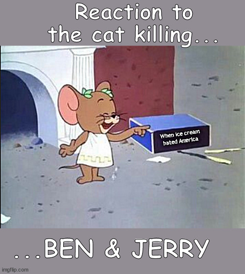 en & Jerry WOKE one 4th of July and said, "Let's go piss on America" and suddenly their ice cream melted bye bye.. | Reaction to
the cat killing... When ice cream
hated America; ...BEN & JERRY | image tagged in memes,politics,ben and jerry,ice cream | made w/ Imgflip meme maker