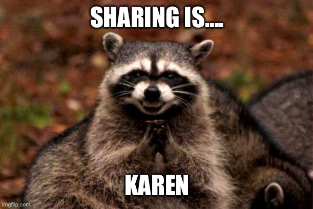 Sharing is caring | SHARING IS…. KAREN | image tagged in memes,evil plotting raccoon | made w/ Imgflip meme maker