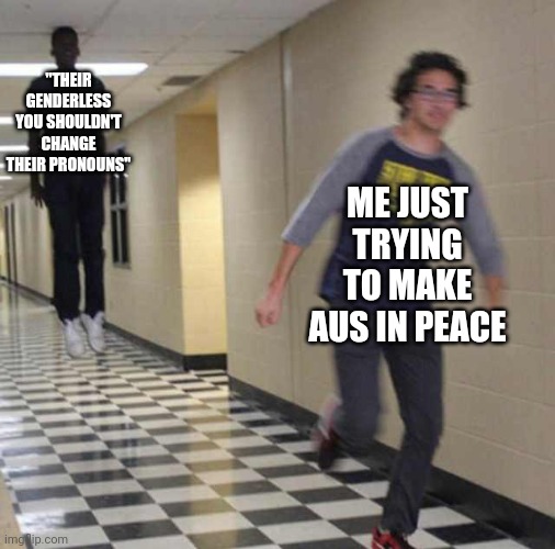 Does anyone have this problem too? | "THEIR GENDERLESS YOU SHOULDN'T CHANGE THEIR PRONOUNS"; ME JUST TRYING TO MAKE AUS IN PEACE | image tagged in floating boy chasing running boy | made w/ Imgflip meme maker