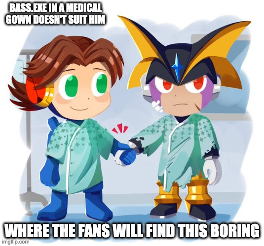 MegaMan.EXE and Bass.EXE in Medical Attire | BASS.EXE IN A MEDICAL GOWN DOESN'T SUIT HIM; WHERE THE FANS WILL FIND THIS BORING | image tagged in megamanexe,bassexe,megaman,megaman battle network,memes | made w/ Imgflip meme maker