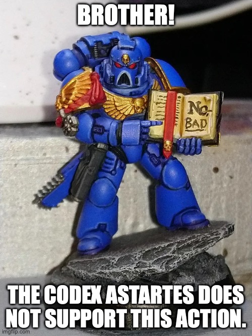 BROTHER! THE CODEX ASTARTES DOES NOT SUPPORT THIS ACTION! | BROTHER! THE CODEX ASTARTES DOES NOT SUPPORT THIS ACTION. | image tagged in warhammer40k,warhammer 40k,warhammer | made w/ Imgflip meme maker