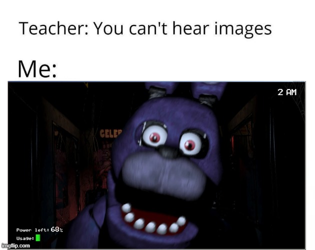?five nights at freddys? | image tagged in fnaf,five nights at freddy's,bonnie,fnaf_bonnie,you cant hear images | made w/ Imgflip meme maker