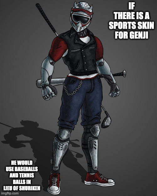 Fan Sports Skin | IF THERE IS A SPORTS SKIN FOR GENJI; HE WOULD USE BASEBALLS AND TENNIS BALLS IN LIEU OF SHURIKEN | image tagged in genji,overwatch,memes | made w/ Imgflip meme maker