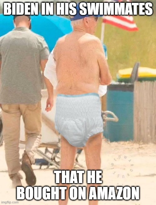Biden At The Beach | BIDEN IN HIS SWIMMATES; THAT HE BOUGHT ON AMAZON | image tagged in biden at the beach | made w/ Imgflip meme maker