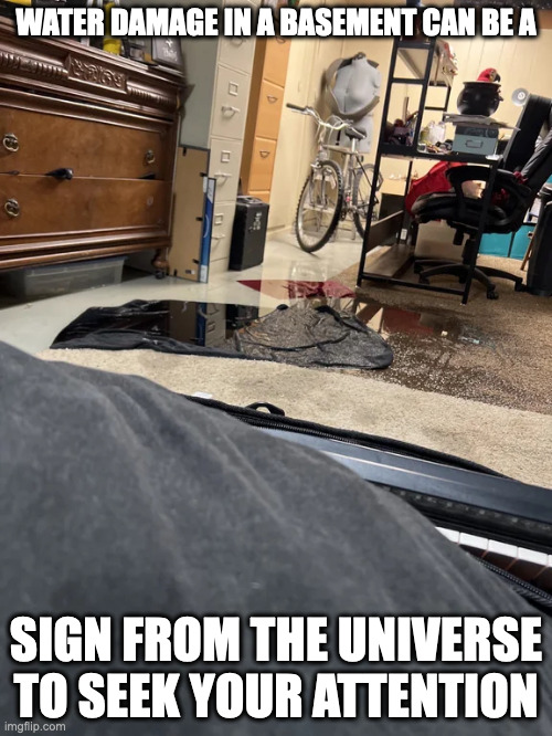Basement Water Damage | WATER DAMAGE IN A BASEMENT CAN BE A; SIGN FROM THE UNIVERSE TO SEEK YOUR ATTENTION | image tagged in basement,memes | made w/ Imgflip meme maker