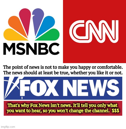 Fox News will change the story if you don't like it. They're chasing the money, not the truth. That's the difference. | The point of news is not to make you happy or comfortable. The news should at least be true, whether you like it or not. That's why Fox News isn't news. It'll tell you only what 
you want to hear, so you won't change the channel.  $$$ | image tagged in msnbc,cnn,news,fox news,propaganda,fake news | made w/ Imgflip meme maker
